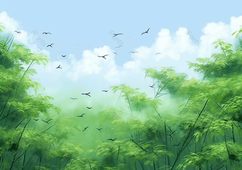 绿色竹林蓝天白云鸟群插画,插画/手绘图,插画/手绘图库,插画/手绘图下载,插画/手绘